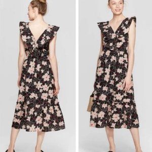 Who What Wear Medium Sleeveless Midi Dress Black Cream Floral Ruffle V Neck